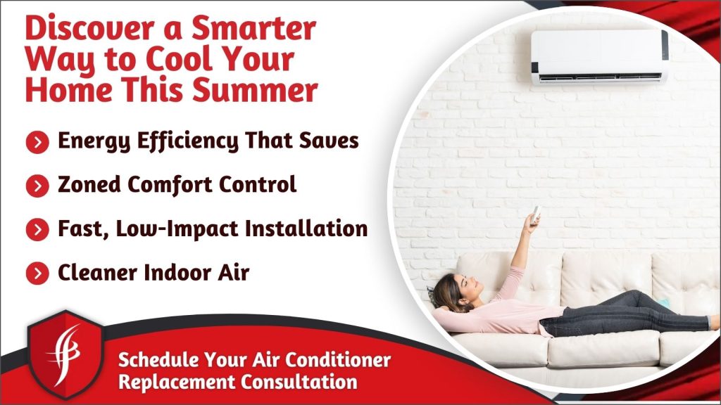 This is an image of a woman enjoying her new mini split air-conditioning unit on her couch. The headline reads discover a smarter way to cool your home this summer.