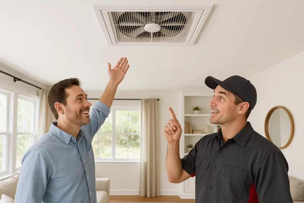Homeowner and technician discussing whole‑house fan vent in living room