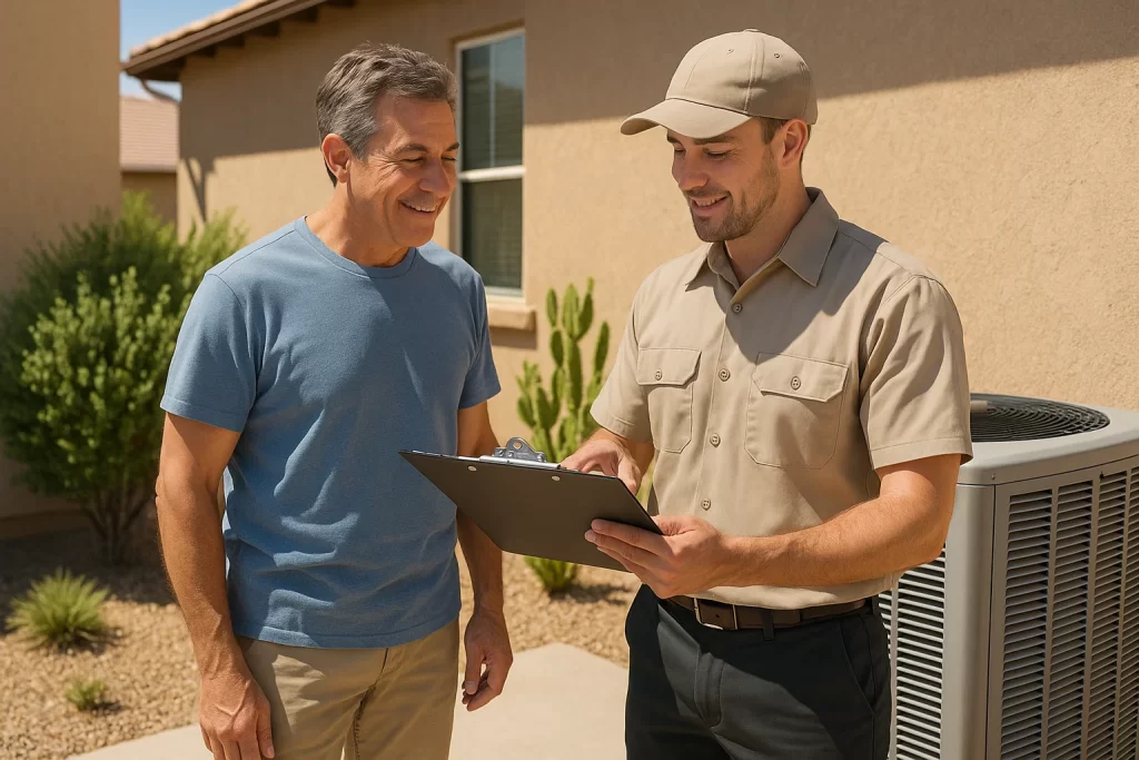 Eastvale homeowner and technician reviewing summer AC maintenance checklist