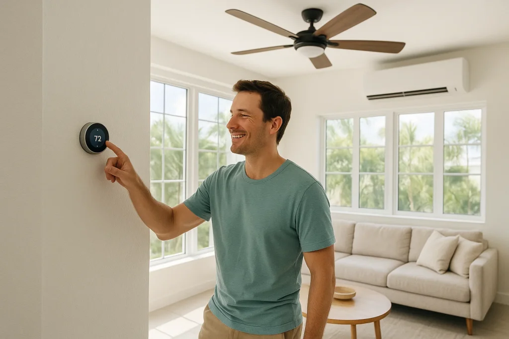 Homeowner adjusts smart thermostat in sunlit South Florida living room for improved comfort and efficiency.