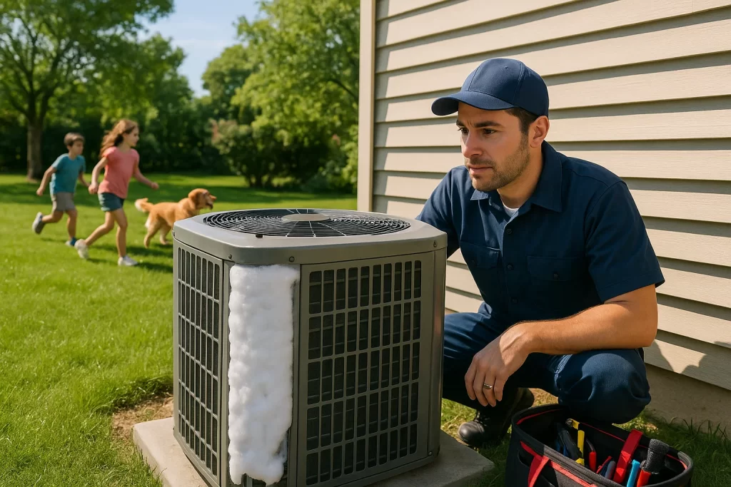 An image of an HVAC technician on a side of a house, checking an air conditioning condenser unit
