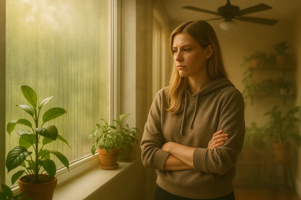 Homeowner wiping condensation from window on humid day