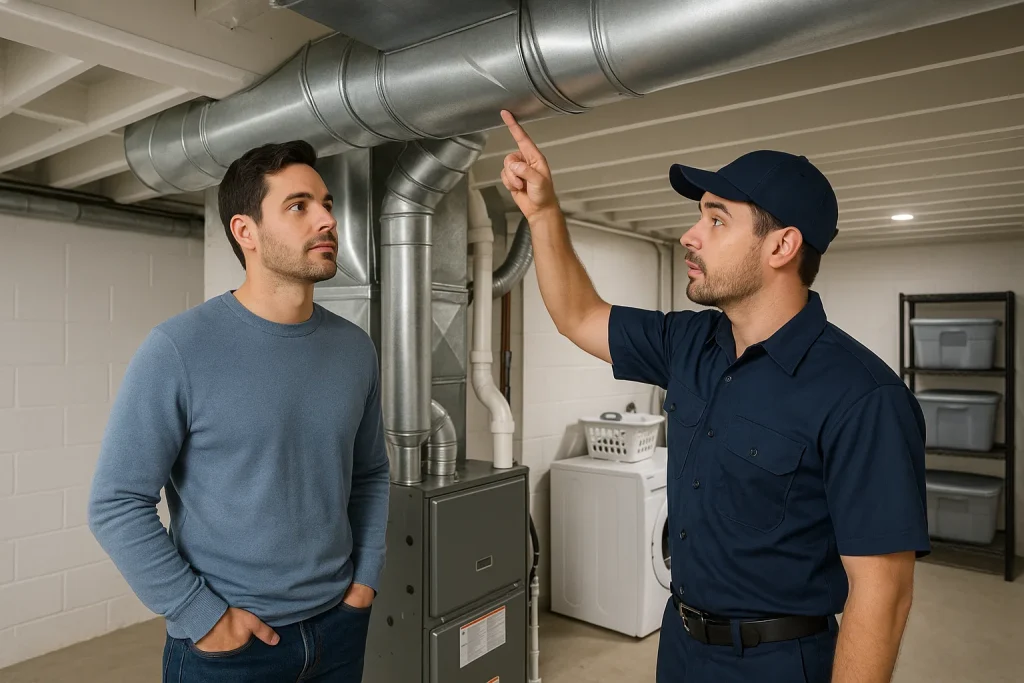 Image of homeowner and HVAC technician inspecting ductwork