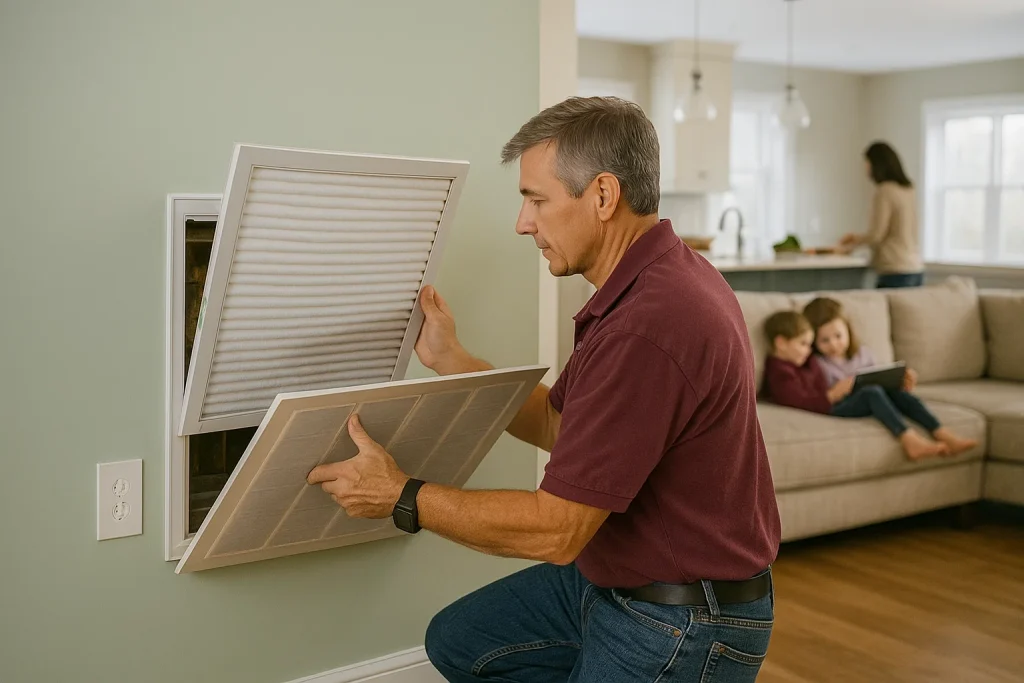 Technician replaces dirty furnace filter during autumn HVAC maintenance