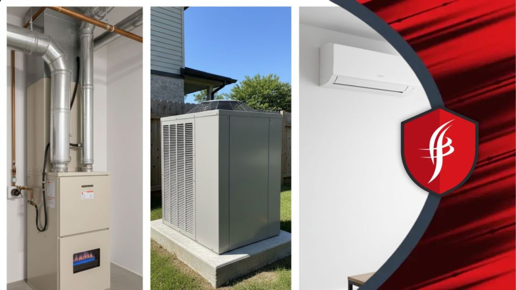 A comparison of a furnace, a mini split, and a heat pump.