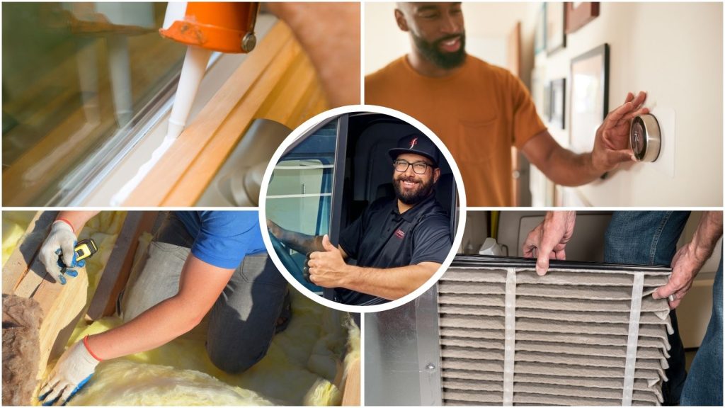A 4 panel montage of money saving hvac tactics.