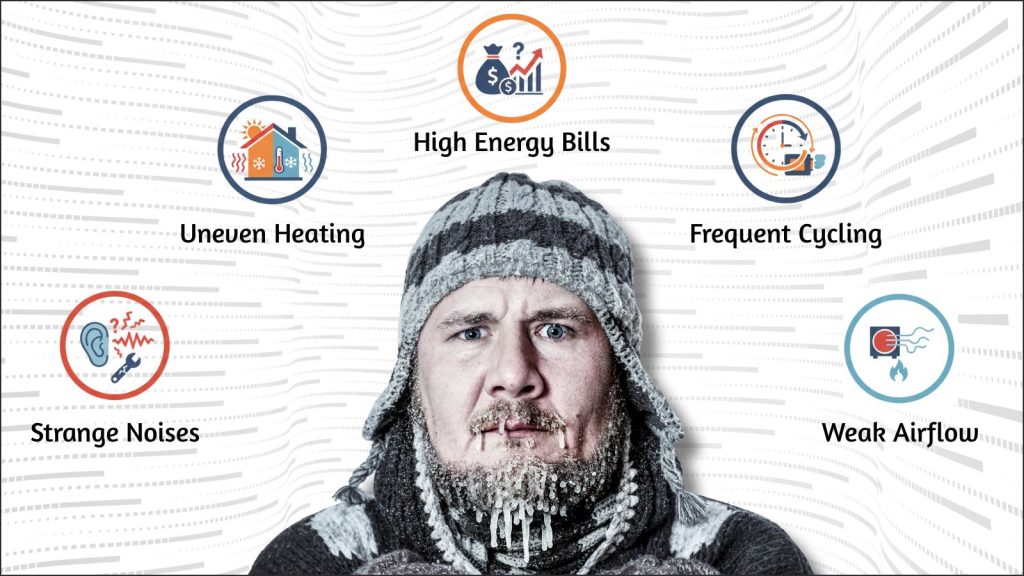 Freezing man surrounded by icons.