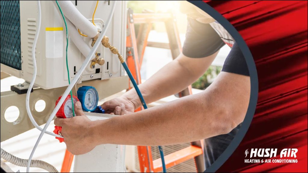 I see condenser unit being worked on by an HVAC technician