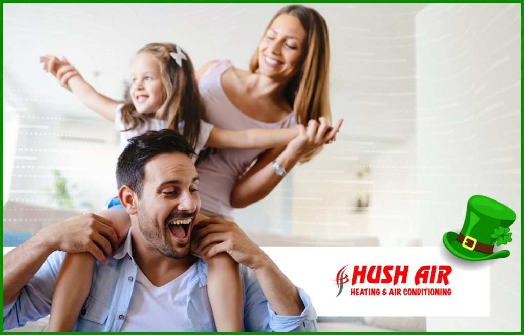 A family enjoying their more efficient home on St. Patrick's Day.